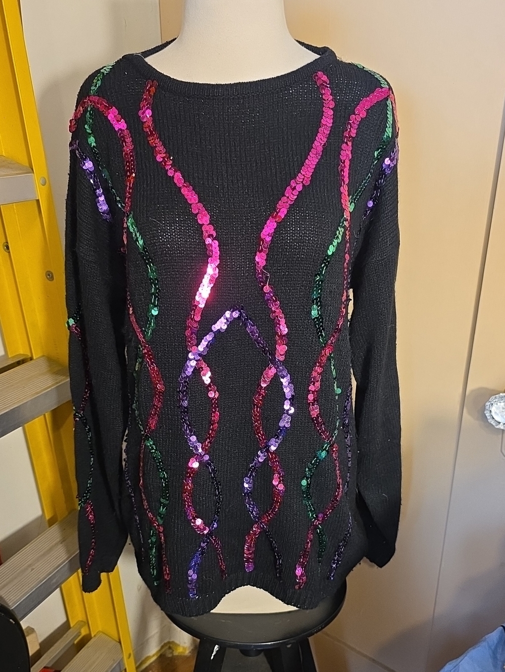 Black Sequin Wave Crewneck Sweater - Women